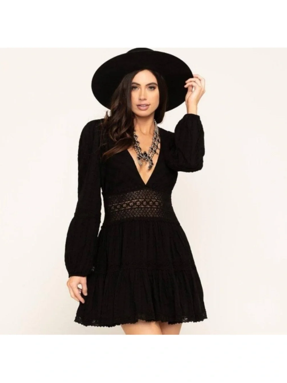 Free People Black Lace-Panel V-Neck Mini Dress